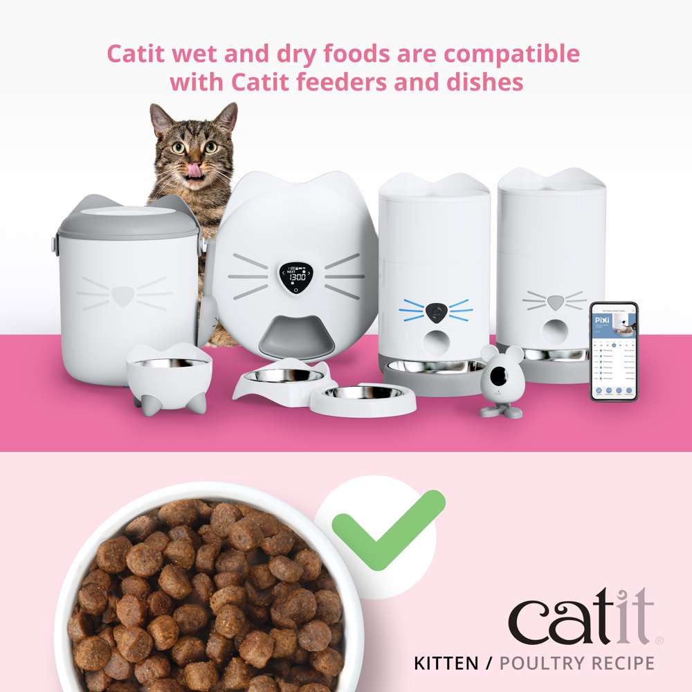 Catit Kitten Poultry Recipe dry food shown with Catit automatic feeders, storage containers, and dishes – fully compatible with Catit feeding accessories