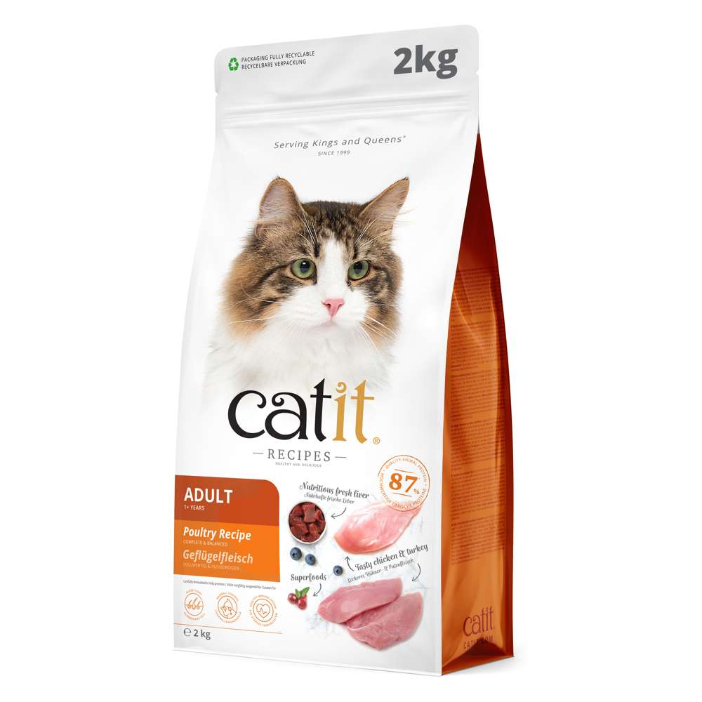 Catit Recipes Adult Poultry Recipe Dry Cat Food 2kg bag. Packaging shows a tabby and white cat with text highlighting 87% animal protein, nutritious liver, tasty chicken and turkey, and added superfoods. Benefits include glossy coat, hairball control, and healthy immune system. Suitable for adult cats 1+ years.