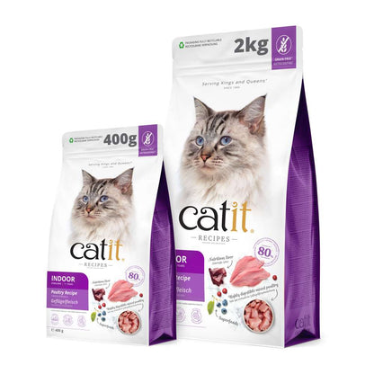 Catit Recipes Indoor Poultry Dry Cat Food – grain-free cat food for indoor cats, 400g and 2kg bags.